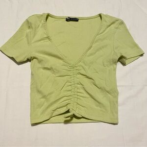 Zara Drawstring Scrunched V-Neck Cropped Ribbed T-Shirt Small
